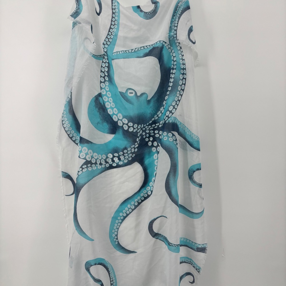 JC Sunny Just Classic Blue Octopus Print 100% Cotton Scarf Frayed Edge 28x70 - Picture 3 of 7